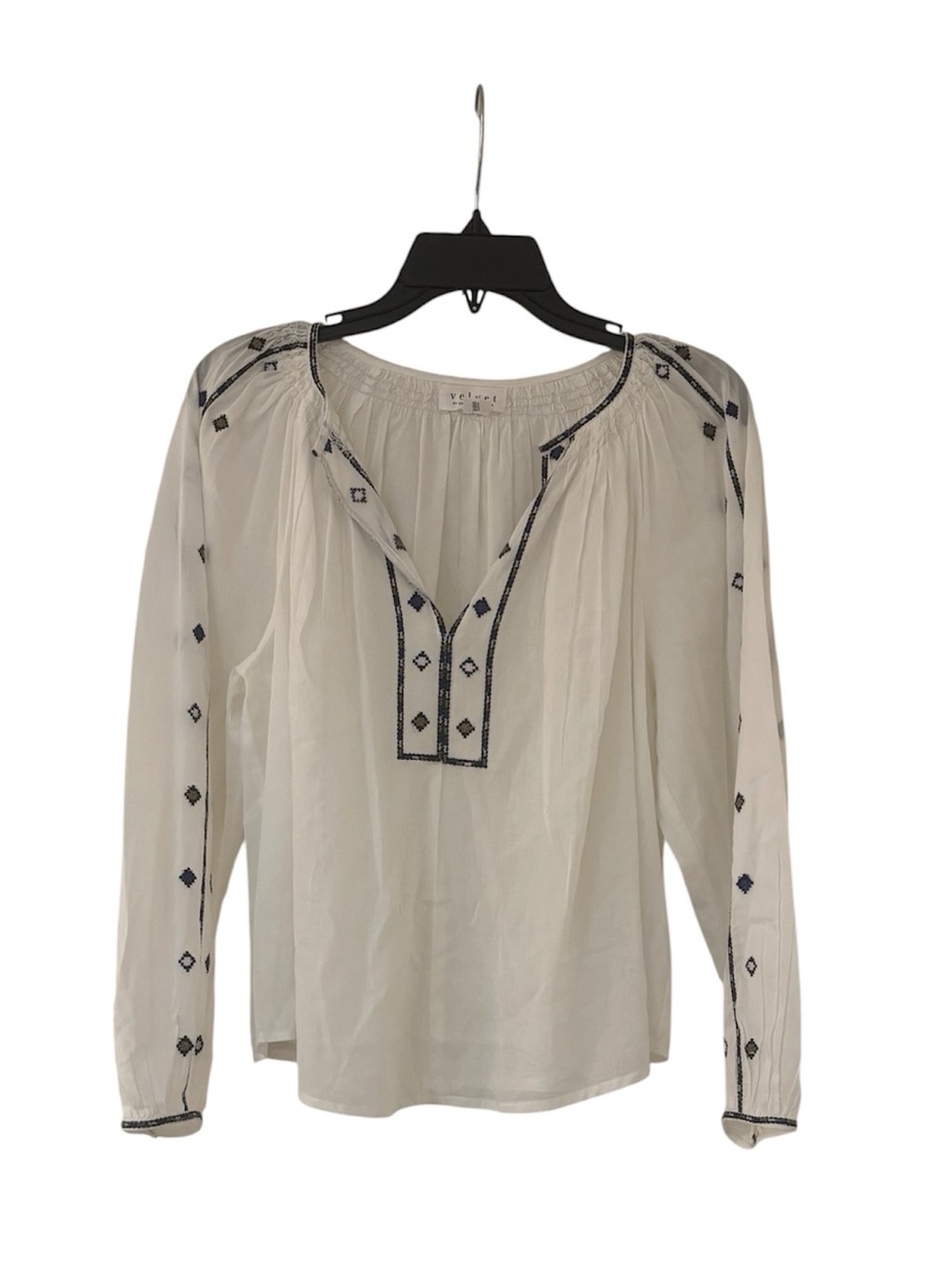VELVET by Graham & Spencer White Peasant Tunic with Navy Embroidery